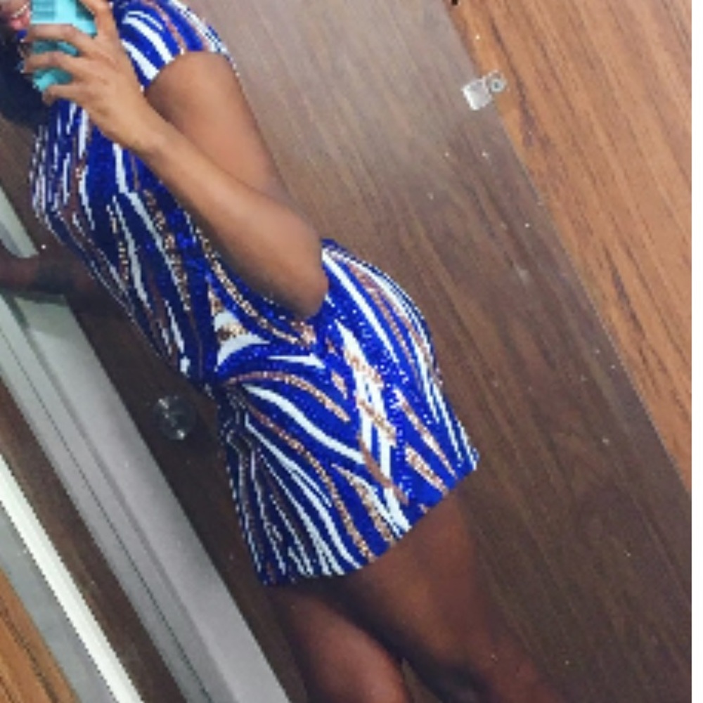 Banjul‎ blue gold & white rhinestone dress JH160727